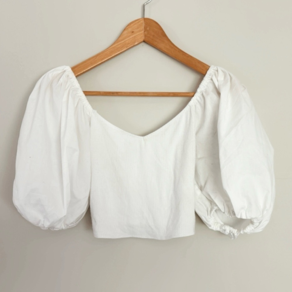 Abercrombie & Fitch White Puff Sleeve Crop Blouse